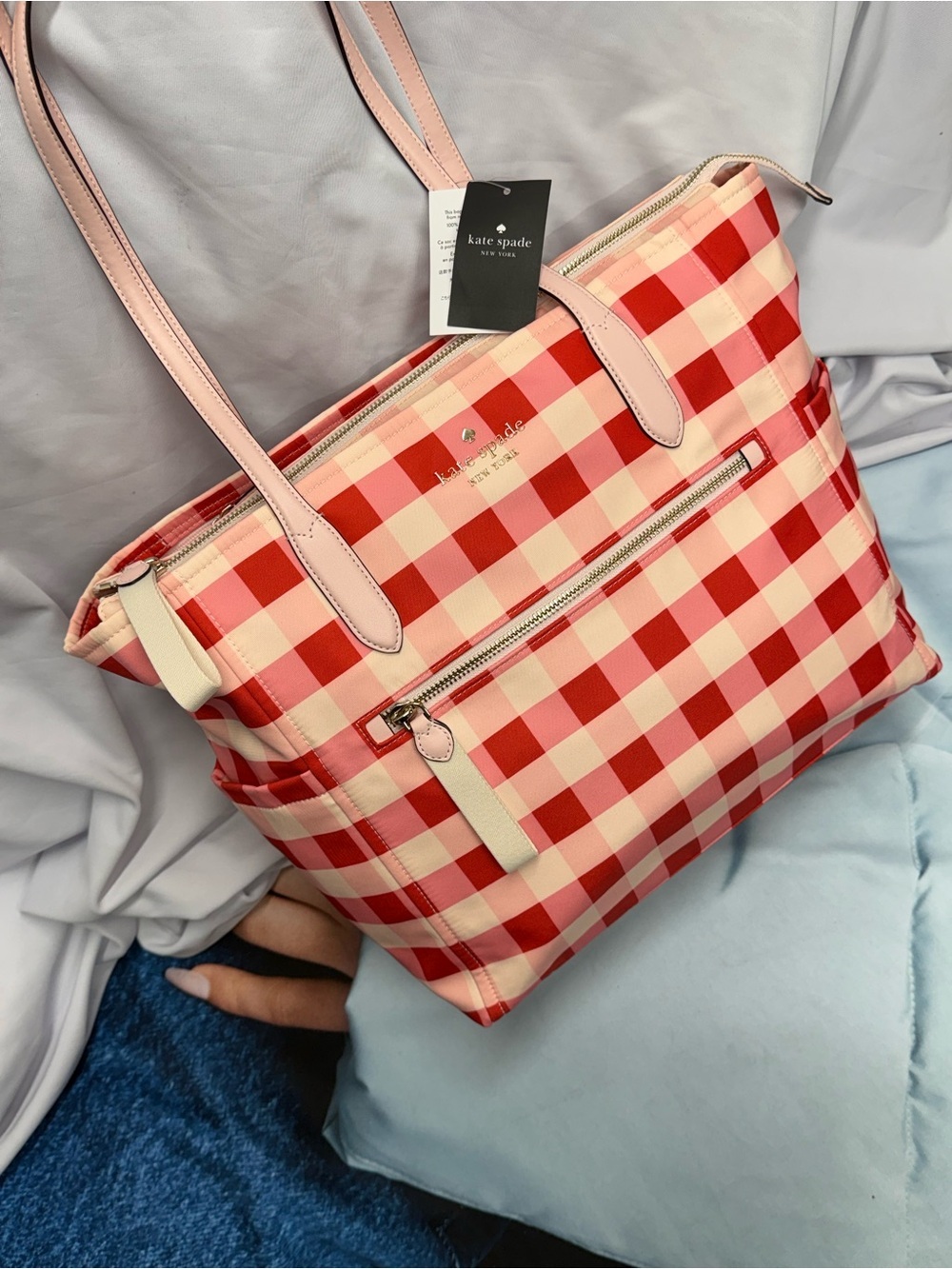 (new+tag) Kate Spade Large Gingham Tote Front Zip Pocket, Double Compartment